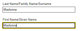 Image of an example usage for a person with one legal name